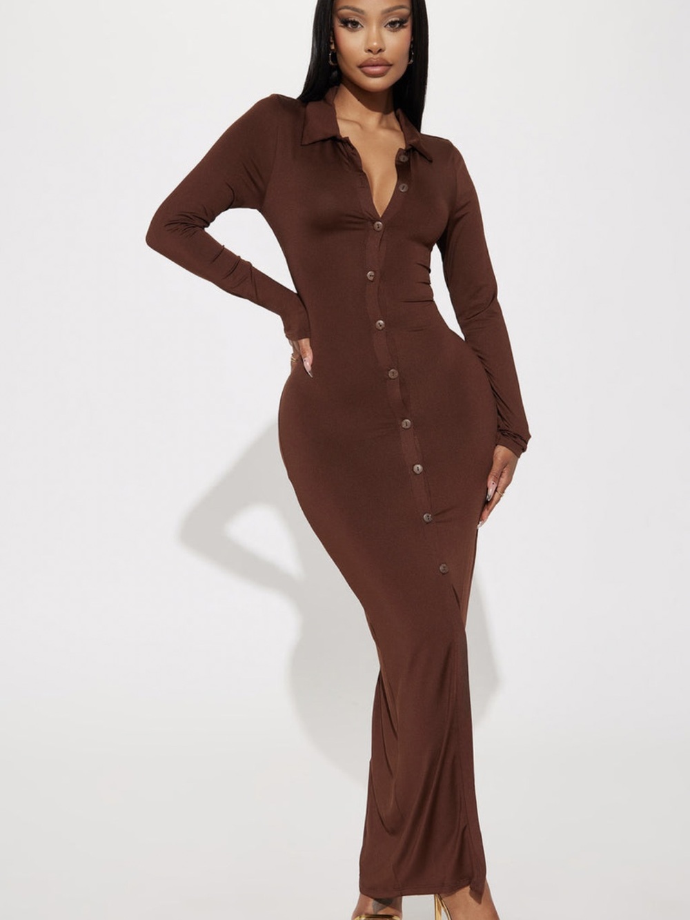 Fashion Nova Brown Button-Front Midi Dress